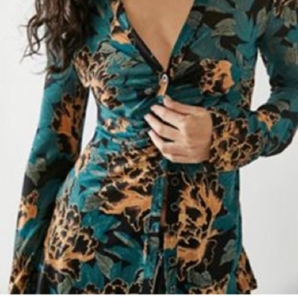 Free People Brown Green Ruched Long Sleeve Blouse